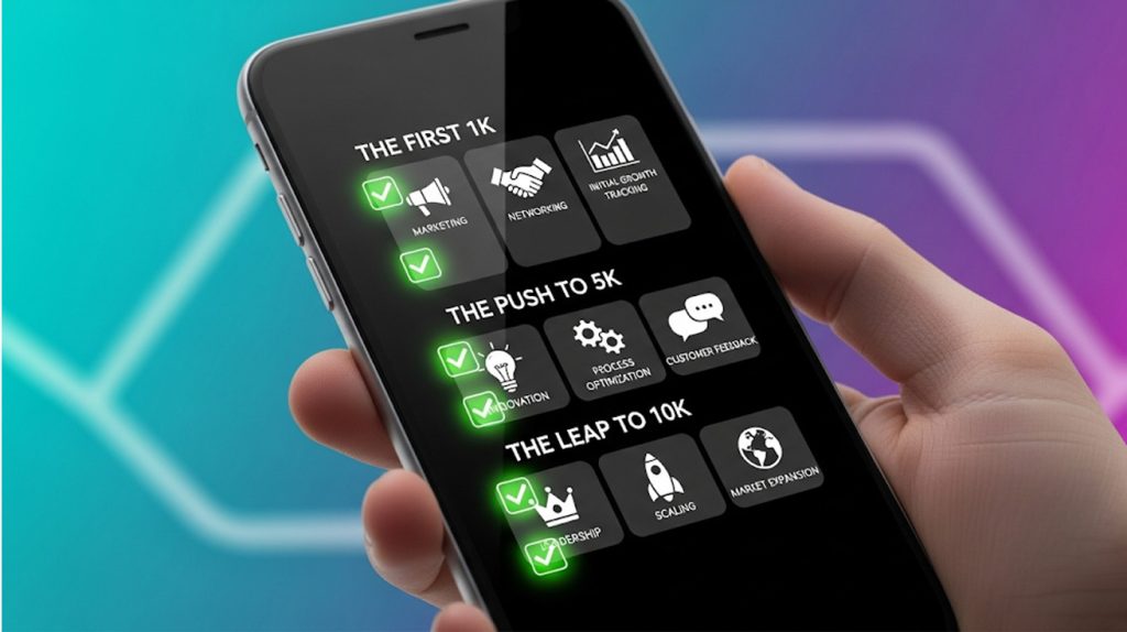 An illustration of a checklist on a smartphone screen with three sections representing different growth phases, symbolizing a step-by-step strategy for growing on Instagram.