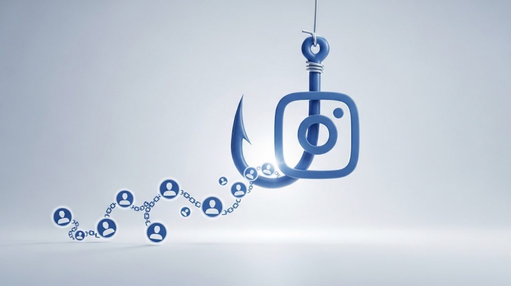 An illustration of a fishing hook shaped like the Instagram logo, pulling in follower icons, symbolizing a strategy to attract new followers.