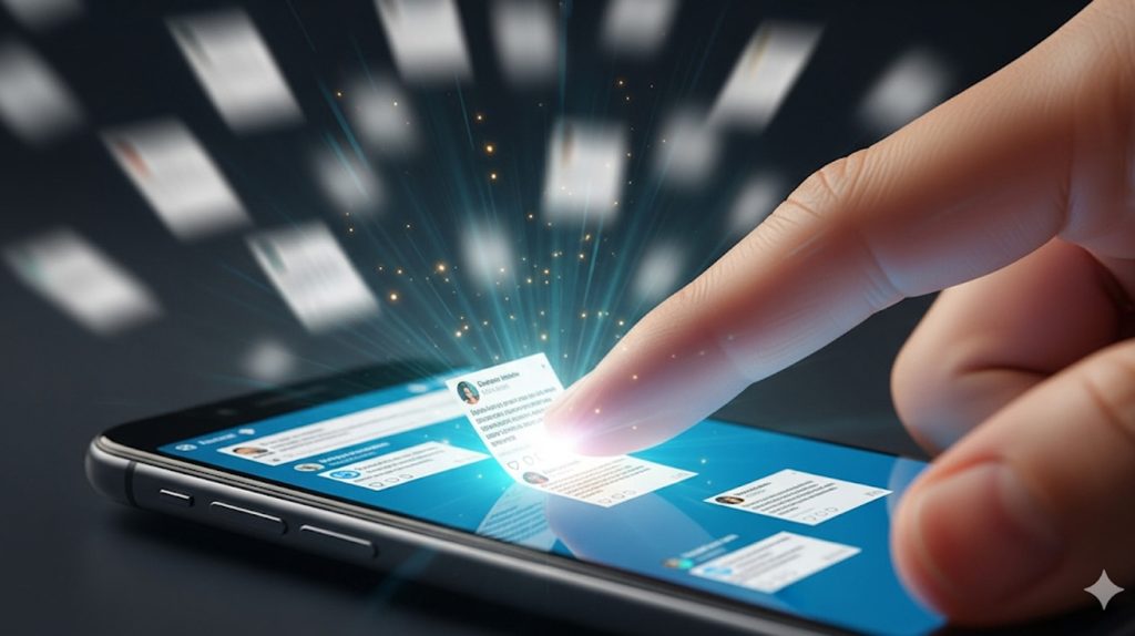 An illustration of a thumb stopping a fast-scrolling motion on a smartphone screen to focus on a single, glowing social media post.