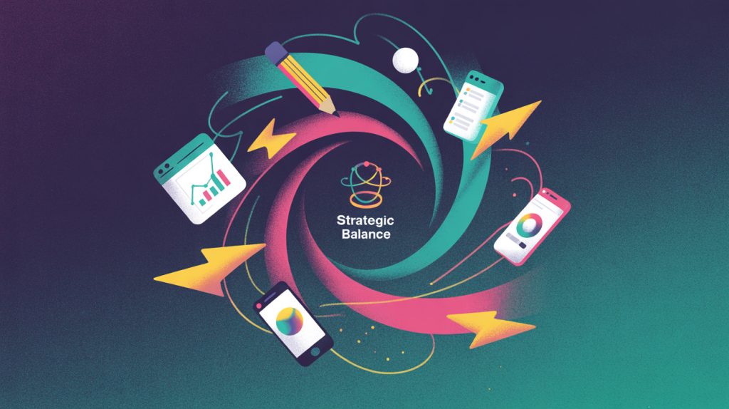Abstract illustration symbolizing the strategic balance of planning, creation, and community building for content creators.