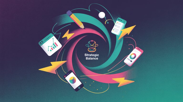 Abstract illustration symbolizing the strategic balance of planning, creation, and community building for content creators.