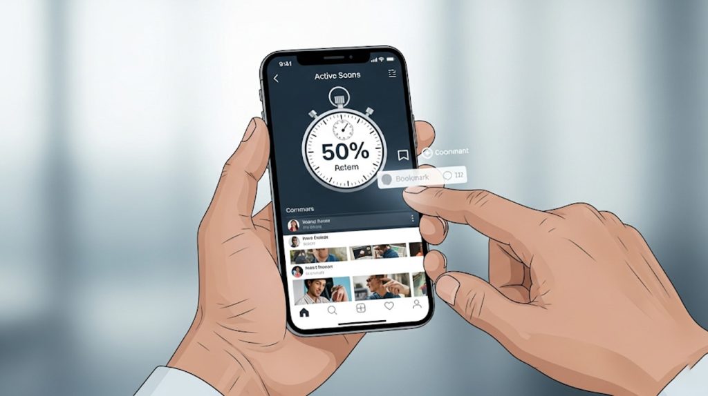 An illustration of a stopwatch on a phone screen and hands engaging with posts, symbolizing a strategic and time-saving approach to engaging on Instagram.