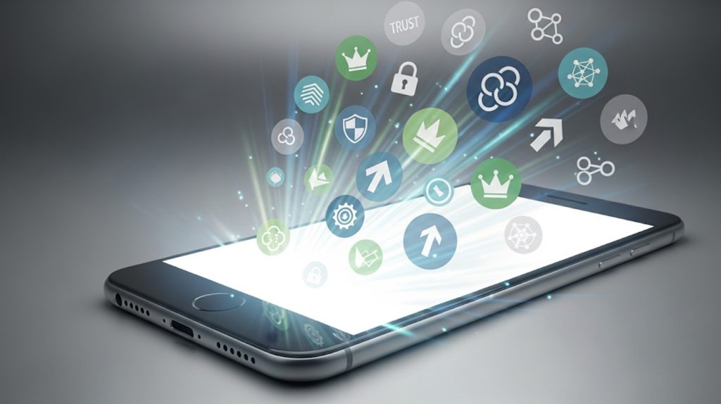 An illustration of a blank smartphone screen with radiating icons for trust, authority, and connection, symbolizing a faceless content strategy.