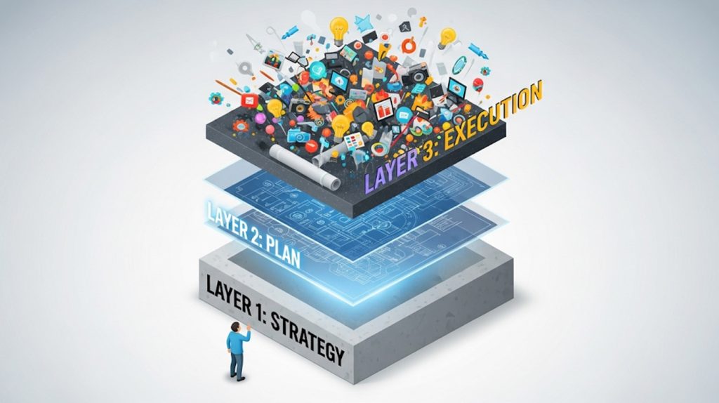 A side-view illustration of a three-layered, structured content funnel. The bottom layer is a solid "Foundation" (Strategy), the middle layer is a clear "Action" (Plan), and the top layer is a vibrant "Execution" (Creation), with a person looking up at the layers in awe.