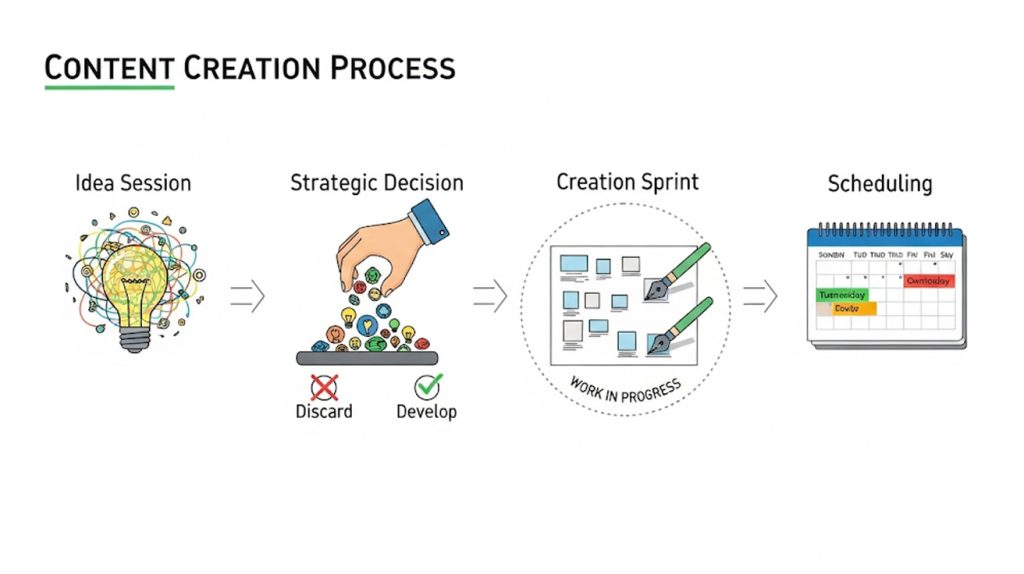 A visual illustration of a four-step flowchart. Each step is clearly labeled with a title and a corresponding icon, showing a clear path from a messy start to a finished product. The first step is chaotic, while the last step is organized and clean.