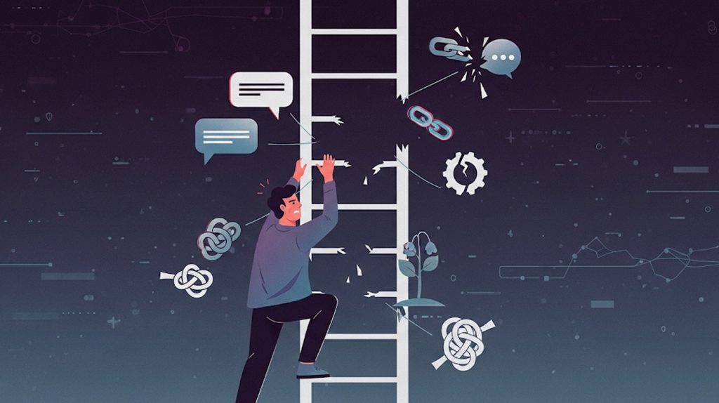 A person climbing a broken ladder with missing rungs. The image symbolizes common mistakes that sabotage Instagram growth.