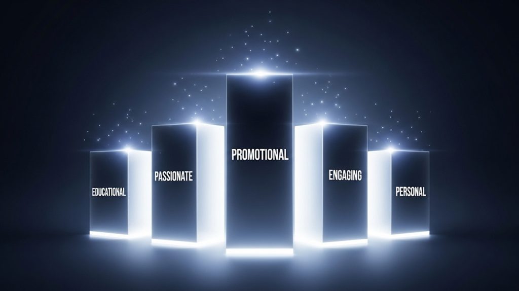 A symbolic illustration of five distinct, glowing pillars. Each pillar is clearly labeled with one of the content types: "Educational," "Passionate," "Promotional," "Engaging," and "Personal," symbolizing a strong, balanced content strategy.