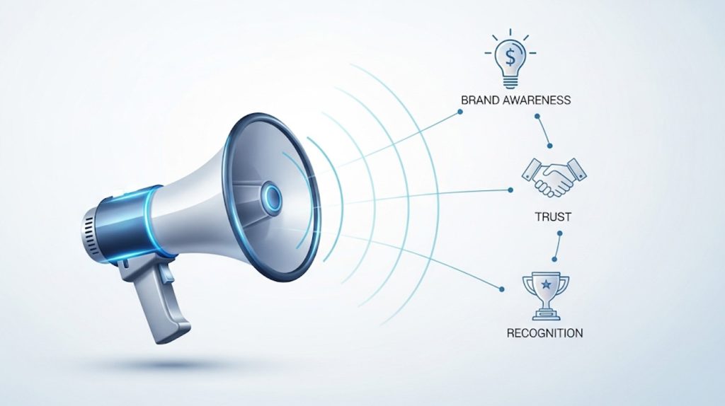 An illustration of a megaphone broadcasting lines to icons for 'brand awareness,' 'trust,' and 'recognition,' symbolizing a strategic path to becoming a memorable brand.