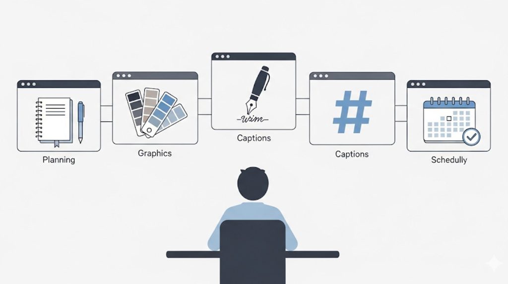An illustration of a streamlined assembly line of content creation steps, from planning to publishing.