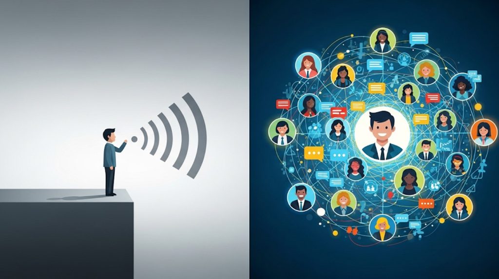 A visual contrast between a static, isolated account and a dynamic, interconnected community hub.