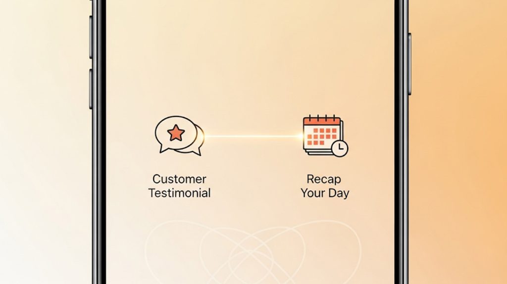 An illustration of a phone screen with icons for a customer testimonial and a day recap, symbolizing the strategy of building a deeper connection with your audience in the afternoon.