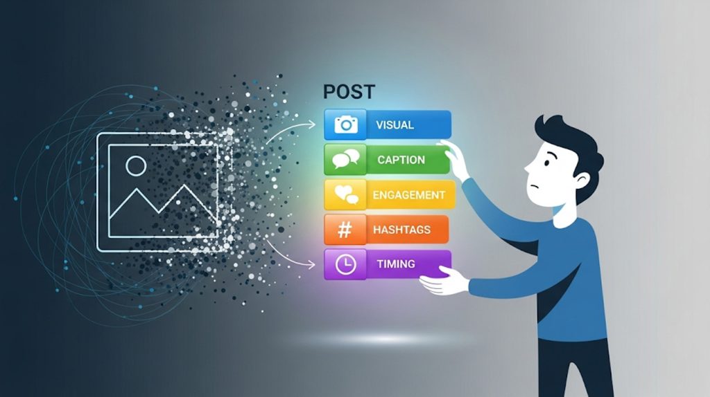 An illustration of a person building a powerful Instagram post from five distinct elements, contrasting with a simple photo that gets lost in a digital void.