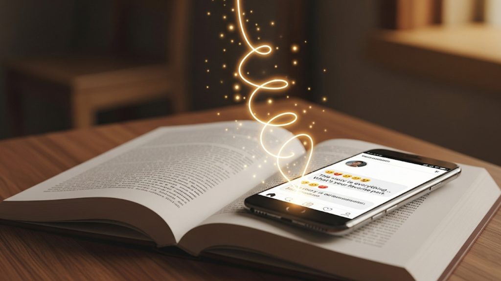 An illustration of a phone on an open book, with a narrative line flowing from the book into a caption, symbolizing the use of storytelling to build a brand.