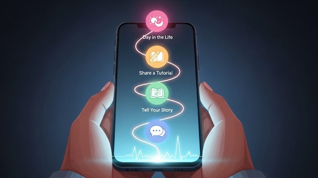 An illustration of hands holding a phone with icons for "Day in the Life" and "Tell Your Story," symbolizing a personal and authentic narrative.