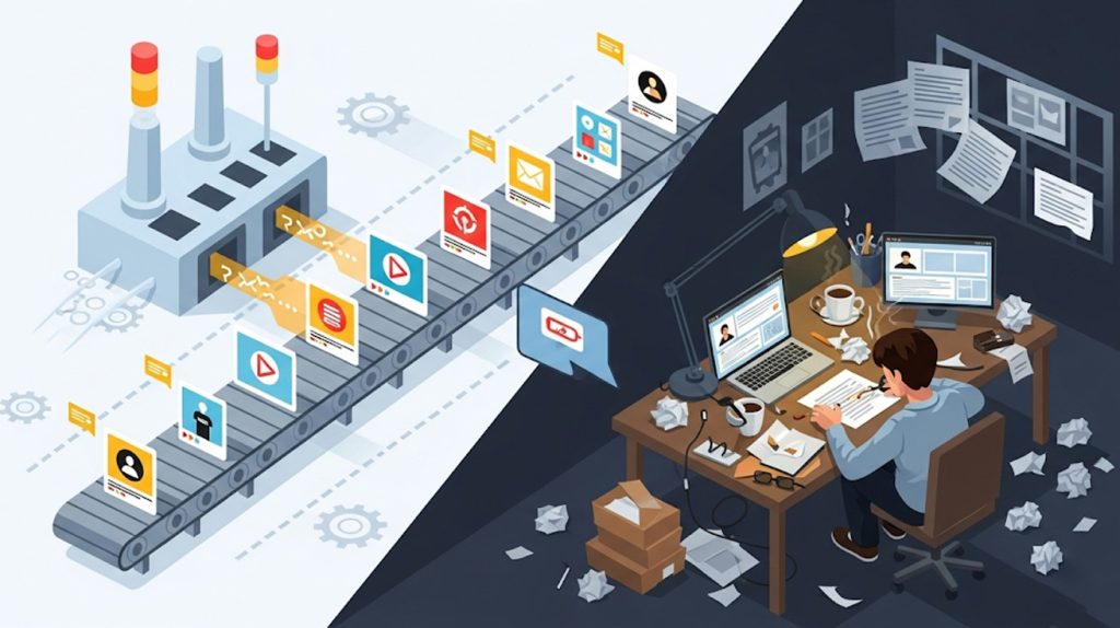 A symbolic illustration of a small, efficient factory. The factory is producing multiple, identical content pieces in an assembly line fashion, representing the streamlined process of content batching.