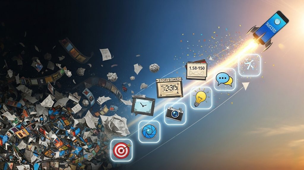 An illustration contrasting a chaotic, unplanned video creation process with a clear, strategic path leading to a viral rocket launch.
