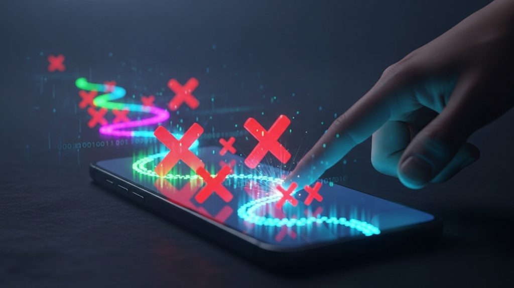 A conceptual illustration showing a winding path on a phone screen, with a hand strategically avoiding large red X marks, symbolizing common mistakes on Instagram.
