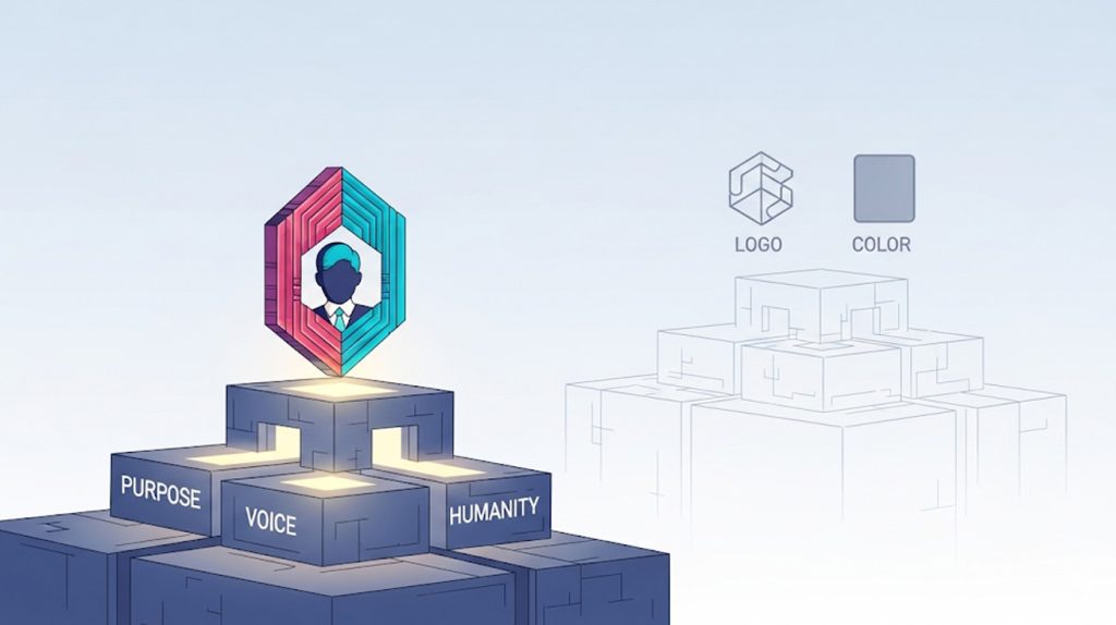 An illustration of a brand's logo standing on a solid foundation of "Purpose," "Voice," and "Humanity" blocks, contrasting with an empty logo floating without a foundation.