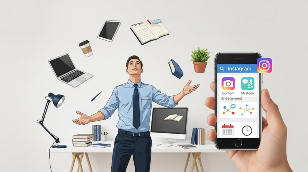 An illustration of a busy business owner juggling tasks while strategically using a smartphone, symbolizing how to manage a business and grow on Instagram with a time-saving approach.