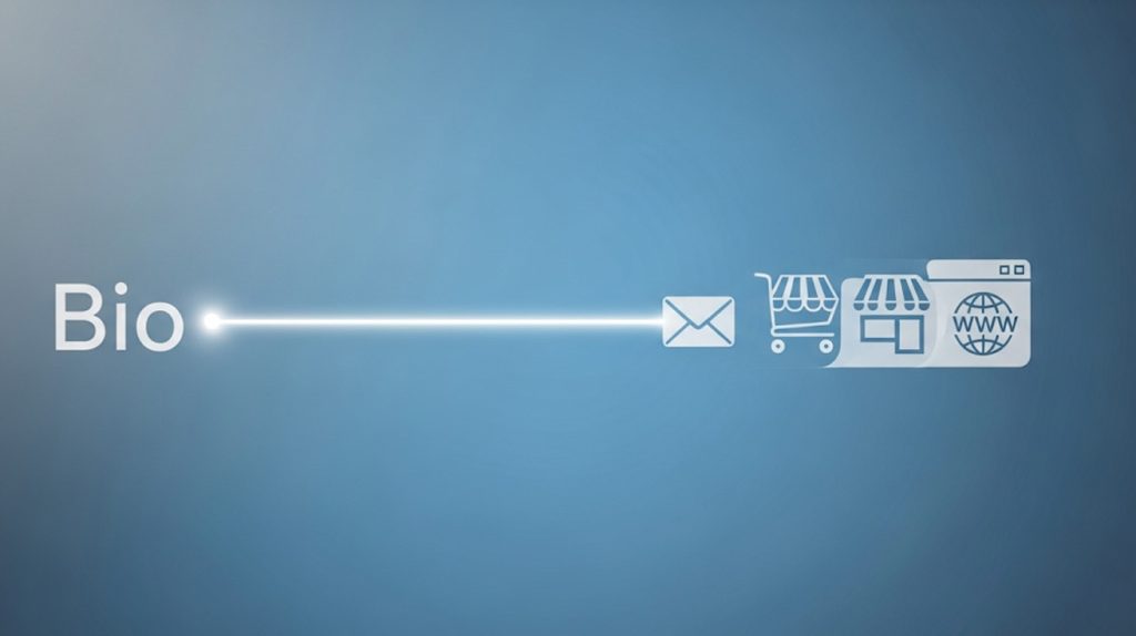An illustration of an Instagram bio link as a clear path leading to icons for an email list and a shop, symbolizing the importance of a single, powerful call to action.