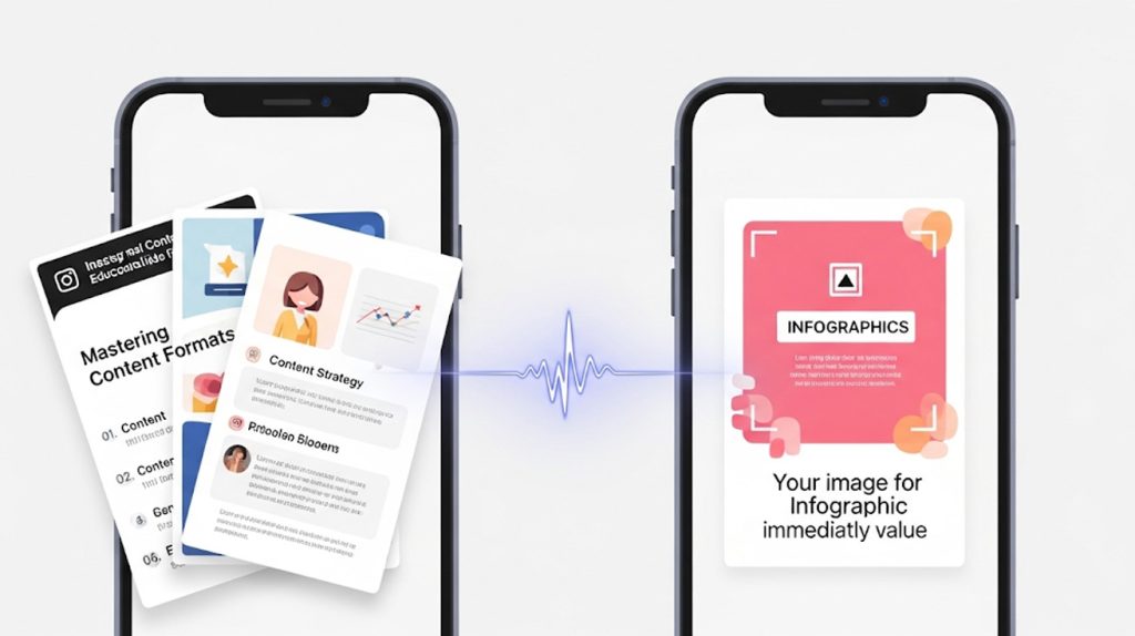 An illustration of a carousel post for education and a single post for quick value, side-by-side on a phone screen, symbolizing their complementary roles in a marketing strategy.