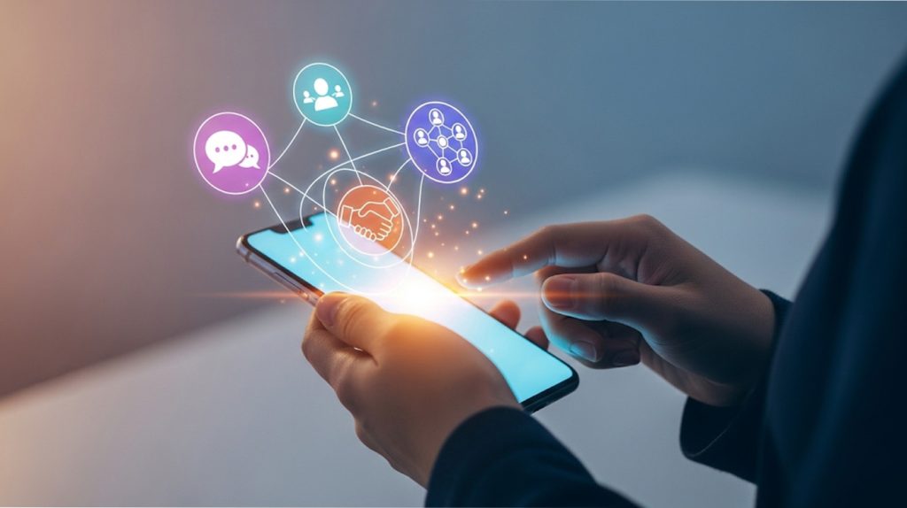 An illustration of a person holding a phone with icons for a chat bubble and a network of people, symbolizing the importance of connecting with others to build a community.