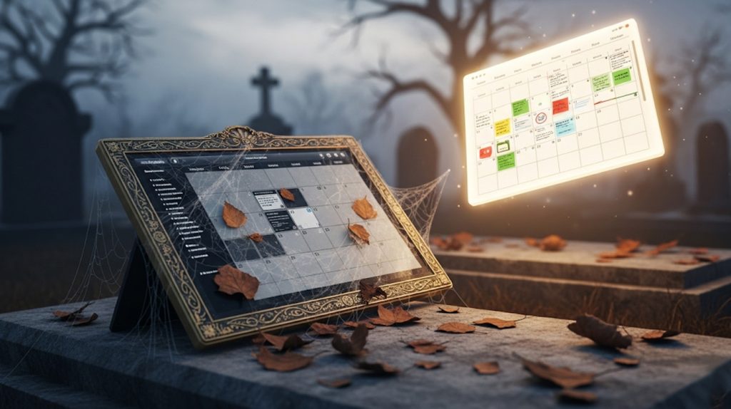 A visual metaphor showing a tangled, dusty calendar template lying forgotten in a graveyard setting, with a fresh, clean, and organized calendar glowing brightly nearby, representing a system that works.