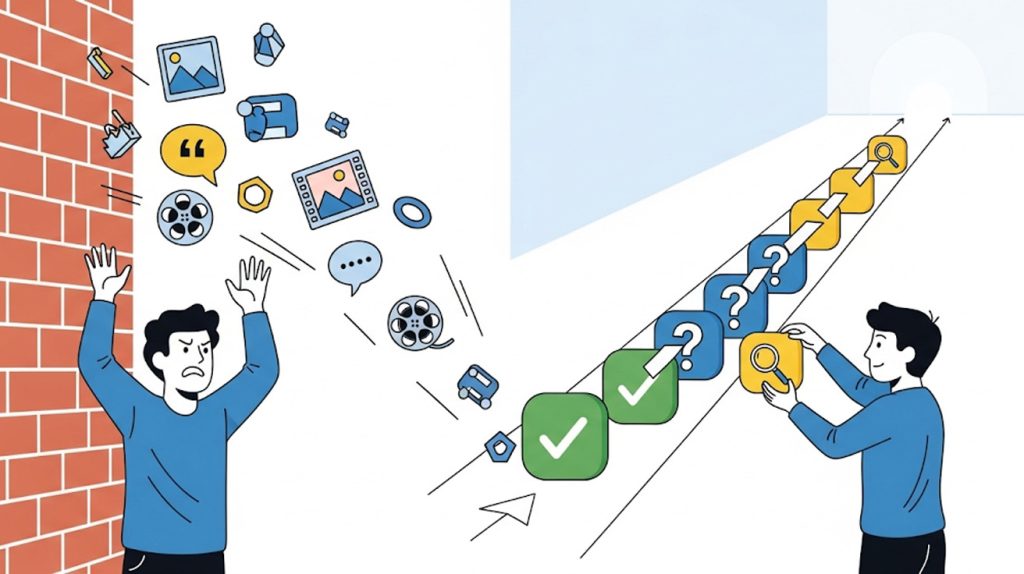 An illustration contrasting a person throwing random content at a wall with a person building a purposeful, strategic path with their content.