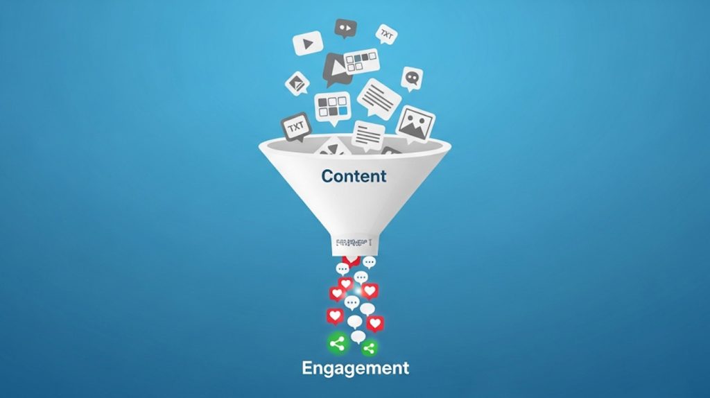 A symbolic illustration of a funnel. The wide top of the funnel is labeled "Content" and is filled with various types of social media posts. The narrow bottom is labeled "Engagement" and from it, a stream of likes, comments, and shares is flowing, representing how a strategic content mix leads to a high level of engagement.