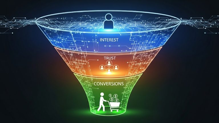 An illustration of a three-stage content funnel, with sections for "Interest," "Trust," and "Conversions," showing how content guides an audience from a stranger to a customer.