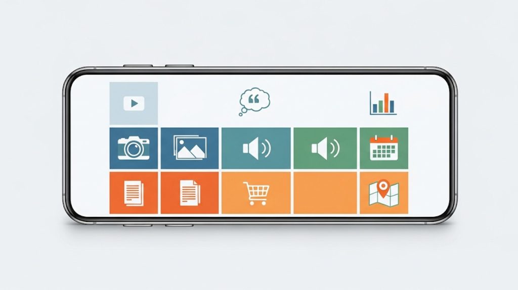 An illustration of a phone screen showing a content grid with diverse and consistent icons, symbolizing a cohesive and engaging content strategy.
