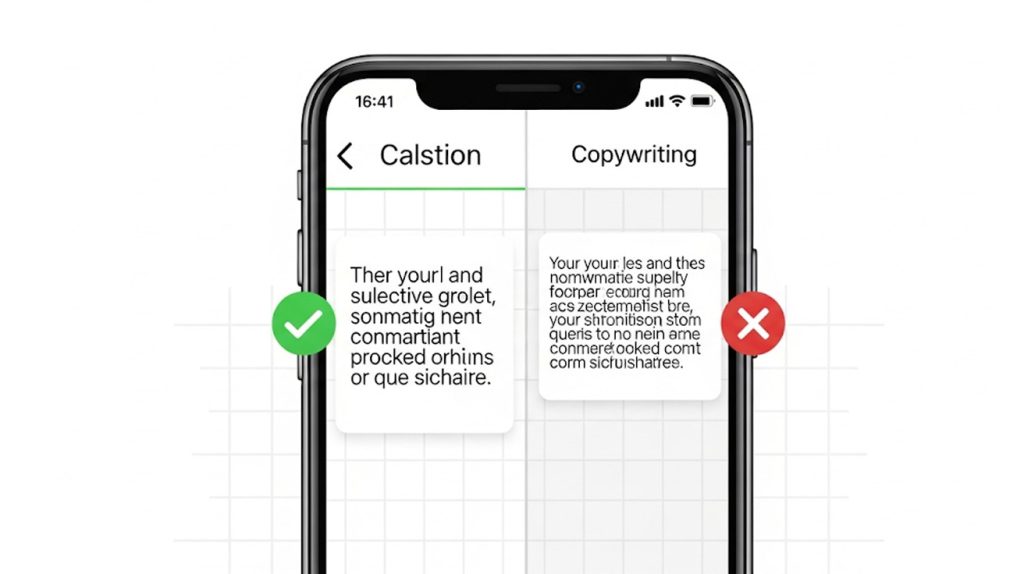 An illustration of a smartphone screen showing a well-written caption versus a cluttered one, symbolizing a guide to writing effective Instagram captions.
