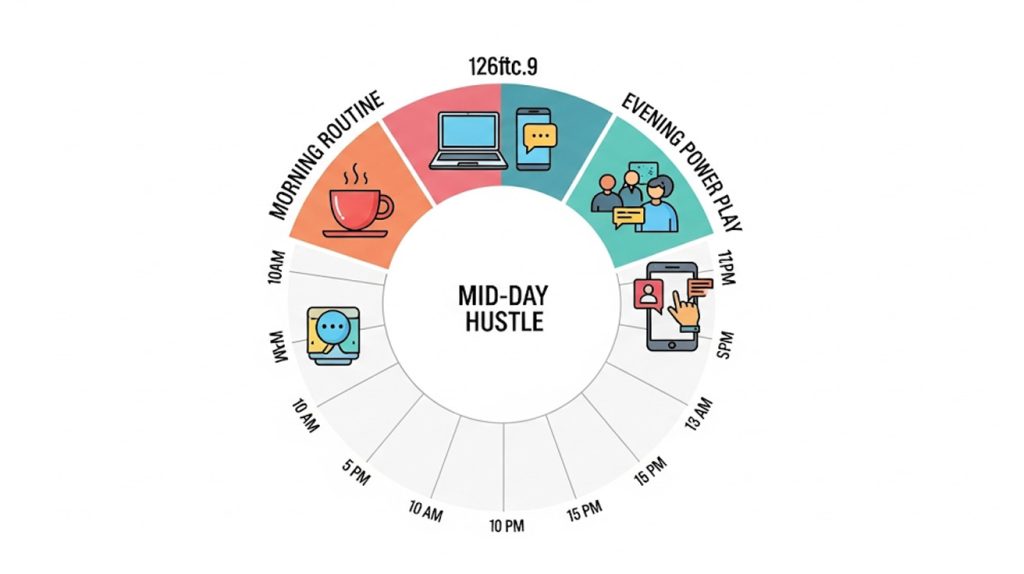 A circular, clock-like infographic representing a daily plan for Instagram Stories, with sections for morning, mid-day, and evening activities to boost engagement.