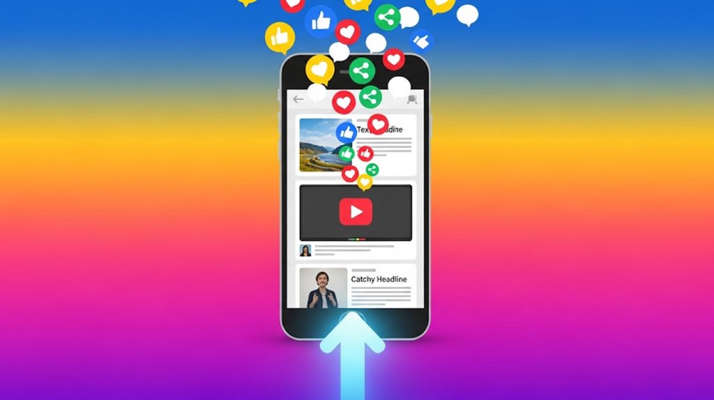 A vibrant and dynamic graphic illustrating a social media feed with various icons like hearts, thumbs-up, and comment bubbles flying upwards, symbolizing increased engagement. The central element is a stylized, glowing arrow pointing up, representing growth.