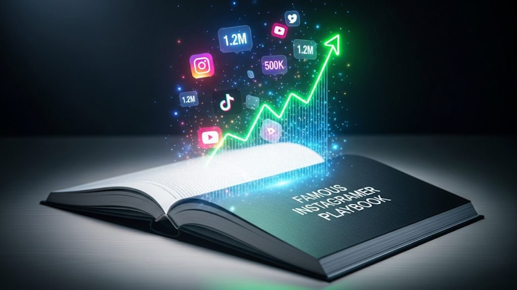 A strategic playbook with digital elements rising from its pages, symbolizing the guide to becoming a famous Instagrammer.