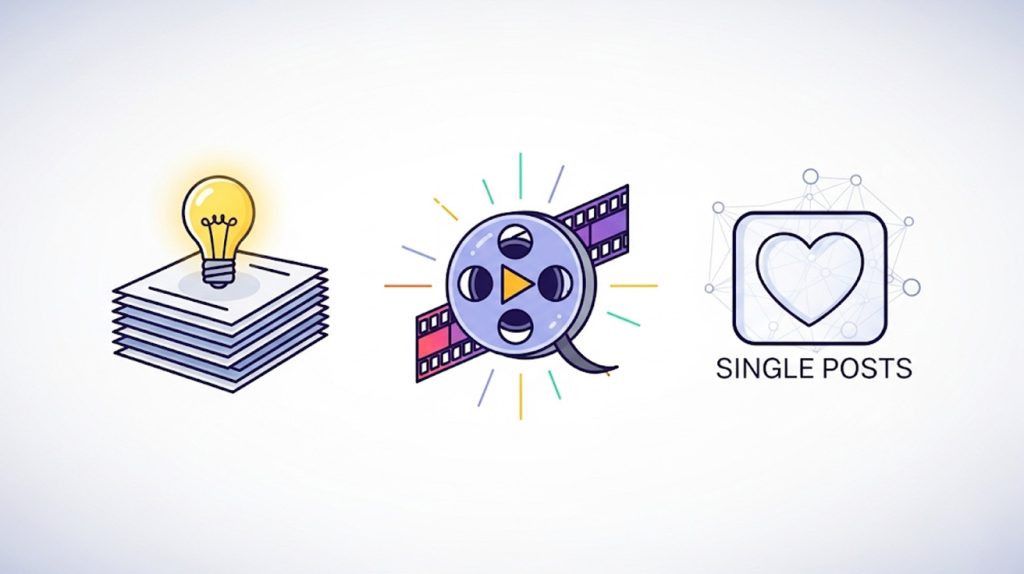An illustration of three connected symbols representing different content types: carousels for authority, reels for discoverability, and single posts for connection.