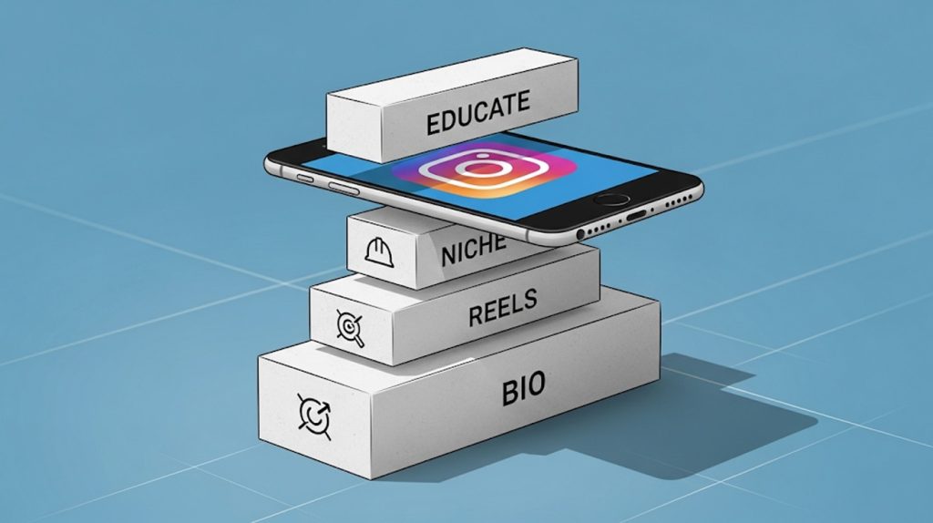 A symbolic illustration showing a smartphone with an Instagram app icon on a solid, stable foundation made of blocks. Each block is labeled with a key growth principle like "Bio Hack," "Reels Hack," and "Niche Hack," representing a strategic and lasting approach to follower growth.