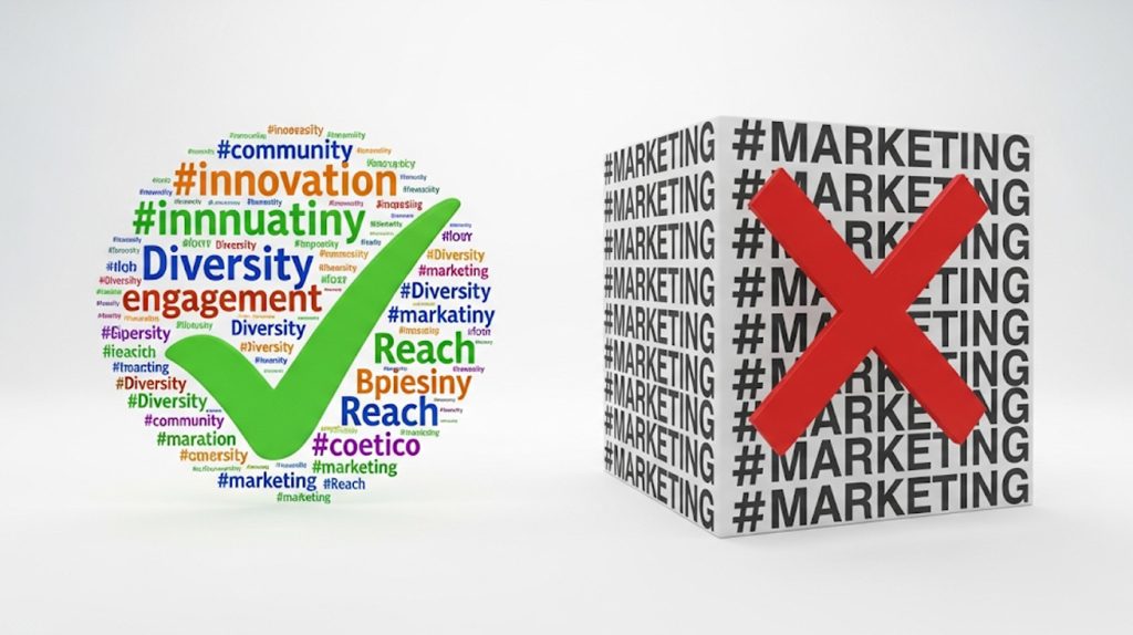 An illustration contrasting a diverse cloud of hashtags with a repetitive block of the same ones, symbolizing the strategic choice between using varied tags and a limited set.