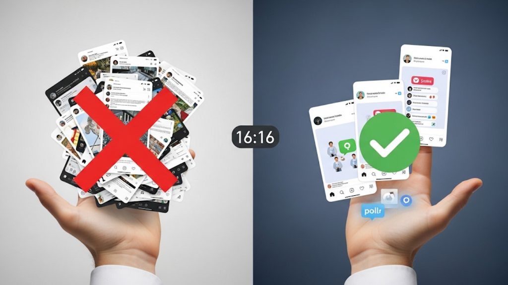 An illustration contrasting a cluttered series of Instagram Stories with a spaced-out, engaging series, symbolizing the difference between overwhelming your audience and building consistent engagement.