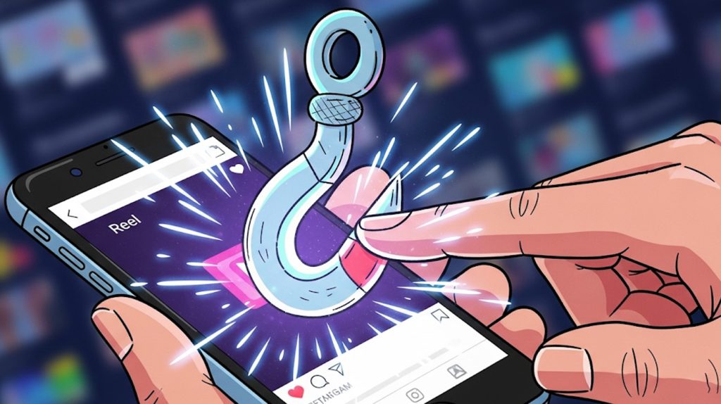 An illustration of a hand scrolling on a phone, with a glowing hook emerging from an Instagram Reel and physically stopping the finger.