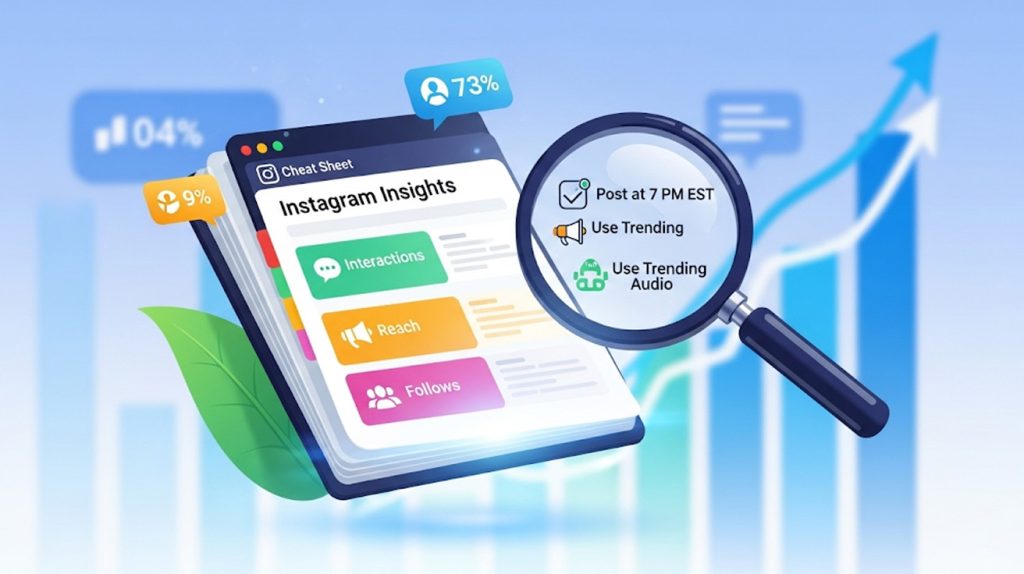 A visual of an open, glowing cheat sheet with key Instagram Insights metrics highlighted and simplified. A magnifying glass is hovering over the sheet, revealing actionable tips and strategies.