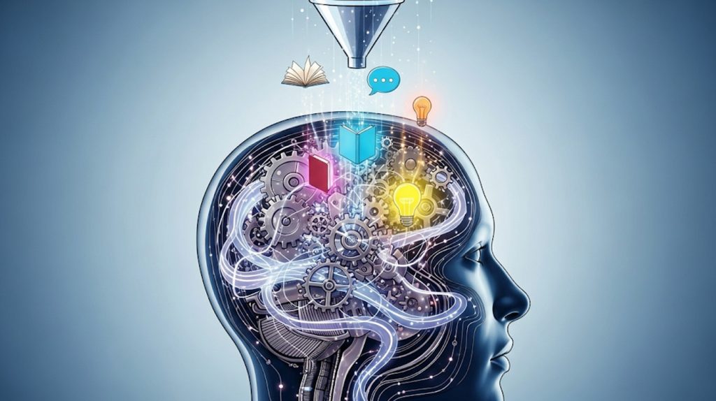 An illustration of a person's head with a complex, internal network of gears and lines. A glowing funnel is shown pouring various icons like books, conversations, and lightbulbs into the head, symbolizing a system for continuous inspiration.