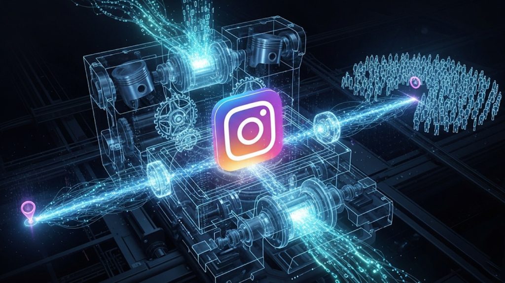 A technical and futuristic illustration of the Instagram algorithm as a transparent machine, showing a clear pathway from a single post to a wider audience.