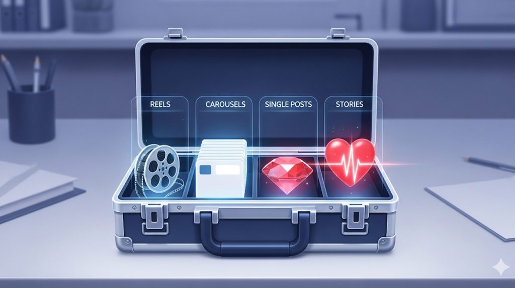 An illustration of a toolbox with four compartments, each holding a different icon representing a type of Instagram content: Reels, Carousels, Single Posts, and Stories.