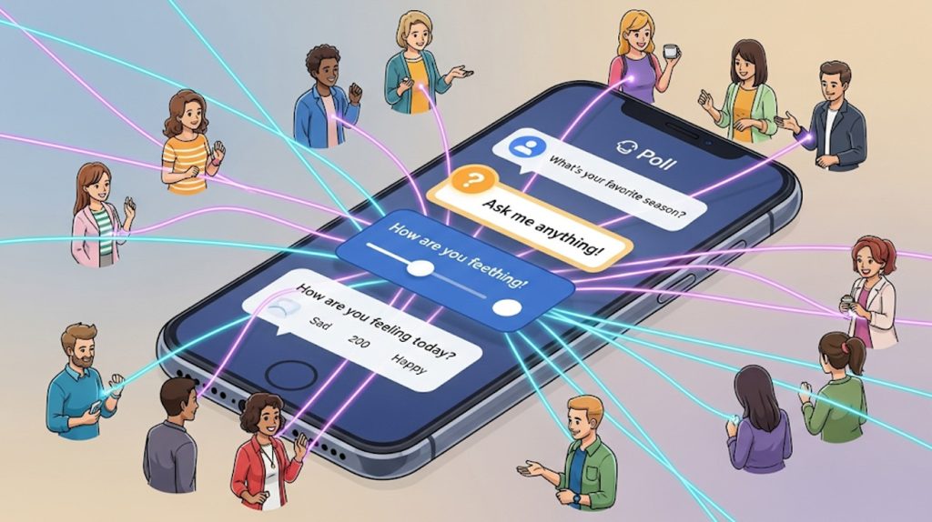An illustration of a phone screen with interactive stickers radiating lines to a diverse group of people, symbolizing community-building.