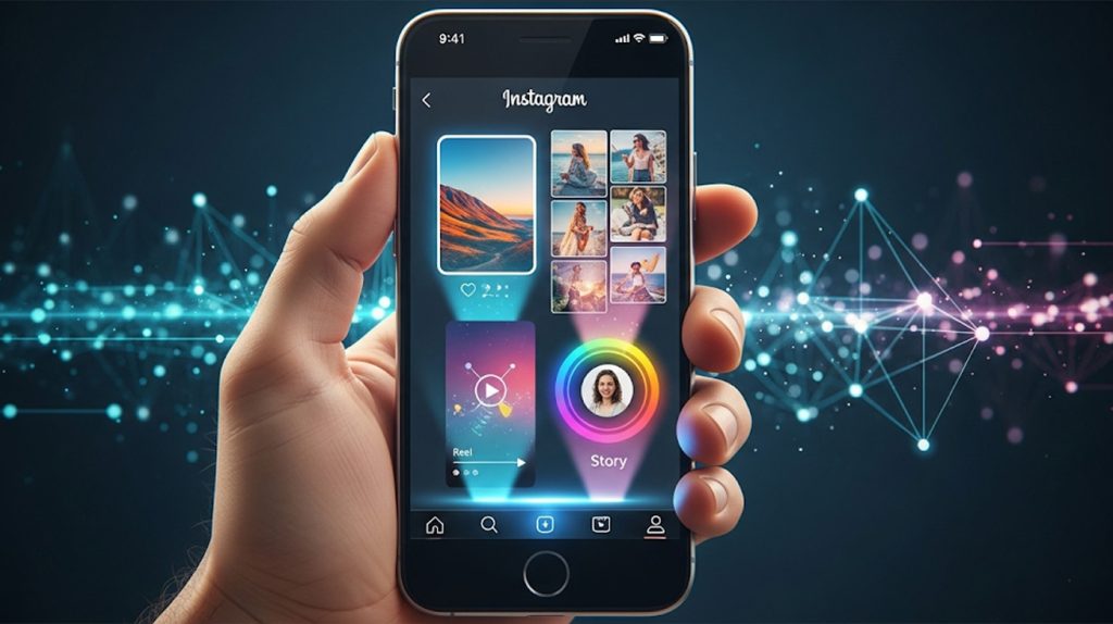 An illustration of a hand holding a smartphone with a grid of all Instagram content formats, symbolizing a comprehensive strategy for going viral.
