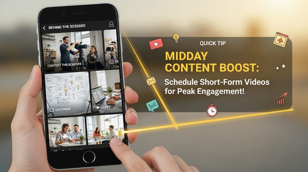 An illustration of a phone screen divided into behind-the-scenes content and a quick tip, symbolizing the strategy of providing value during the midday hours.
