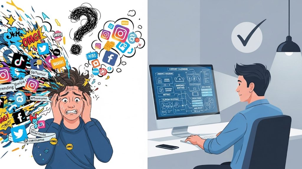 An illustration of a frustrated person with a question mark over their head on the left, and a calm, strategic person with a checkmark on the right, symbolizing the shift from a beginner to an expert mindset.