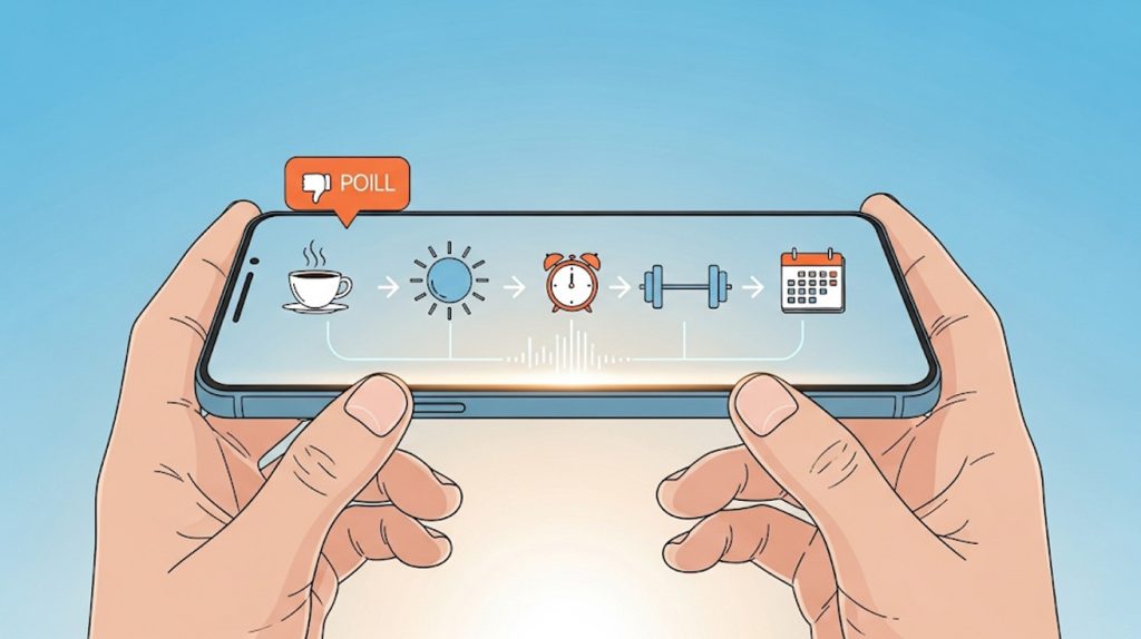 An illustration of a person's hands holding a phone with icons for a morning routine and a poll, symbolizing the strategy of starting the day with engaging content.