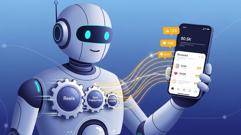 An illustration of a friendly robot with three gears labeled 'Reels,' 'Early Engagement,' and 'Quality,' with a glowing line connecting to a successful Instagram post on a phone, symbolizing a predictable algorithm.